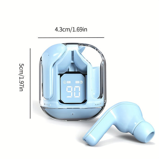 1 pair of transparent TWS wireless earbuds with LED power display, volume control, condenser mic, and rechargeable lithium polymer battery. Compatible with smartphones, with Type-C