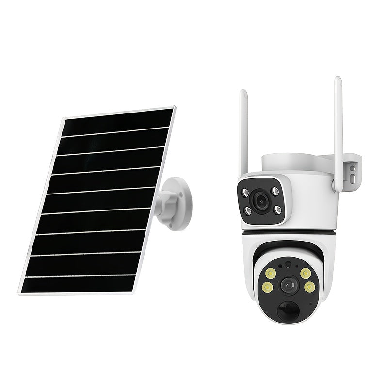 Solar-Powered Dual-Lens Surveillance Camera by ANYAZHINENG, featuring 1080p HD resolution and WiFi connectivity. This wall-mounted security cam includes two-way audio, motion detection, and night vision capabilities. Accessible remotely through an