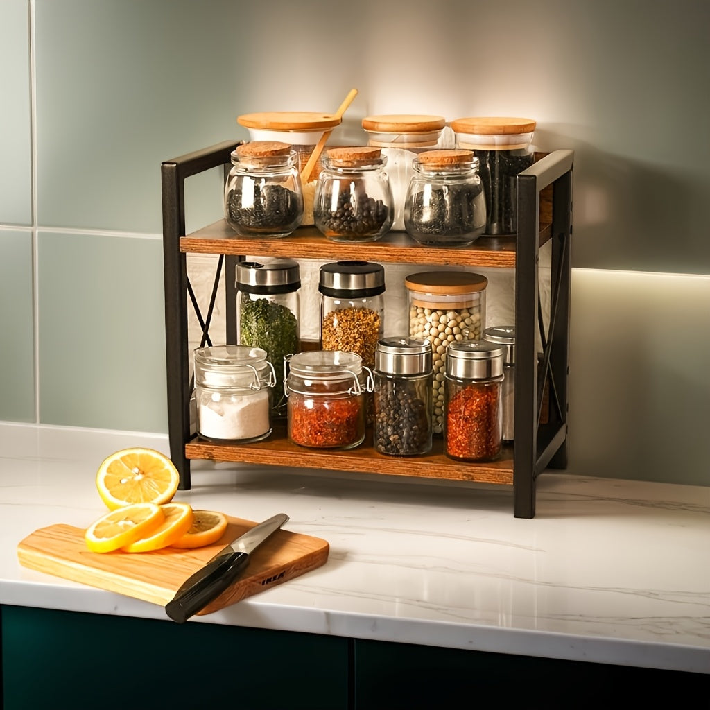 Convenient and charming country brown countertop organizer with two tiers - made of wood and metal. This handy kitchen spice rack also functions as an open coffee station storage shelf. Ideal for enhancing home decor and gifting.