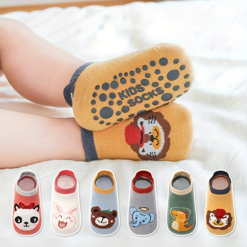 6 pairs of baby boys' non-slip cotton socks with cute cartoon animal patterns for infants learning to walk.