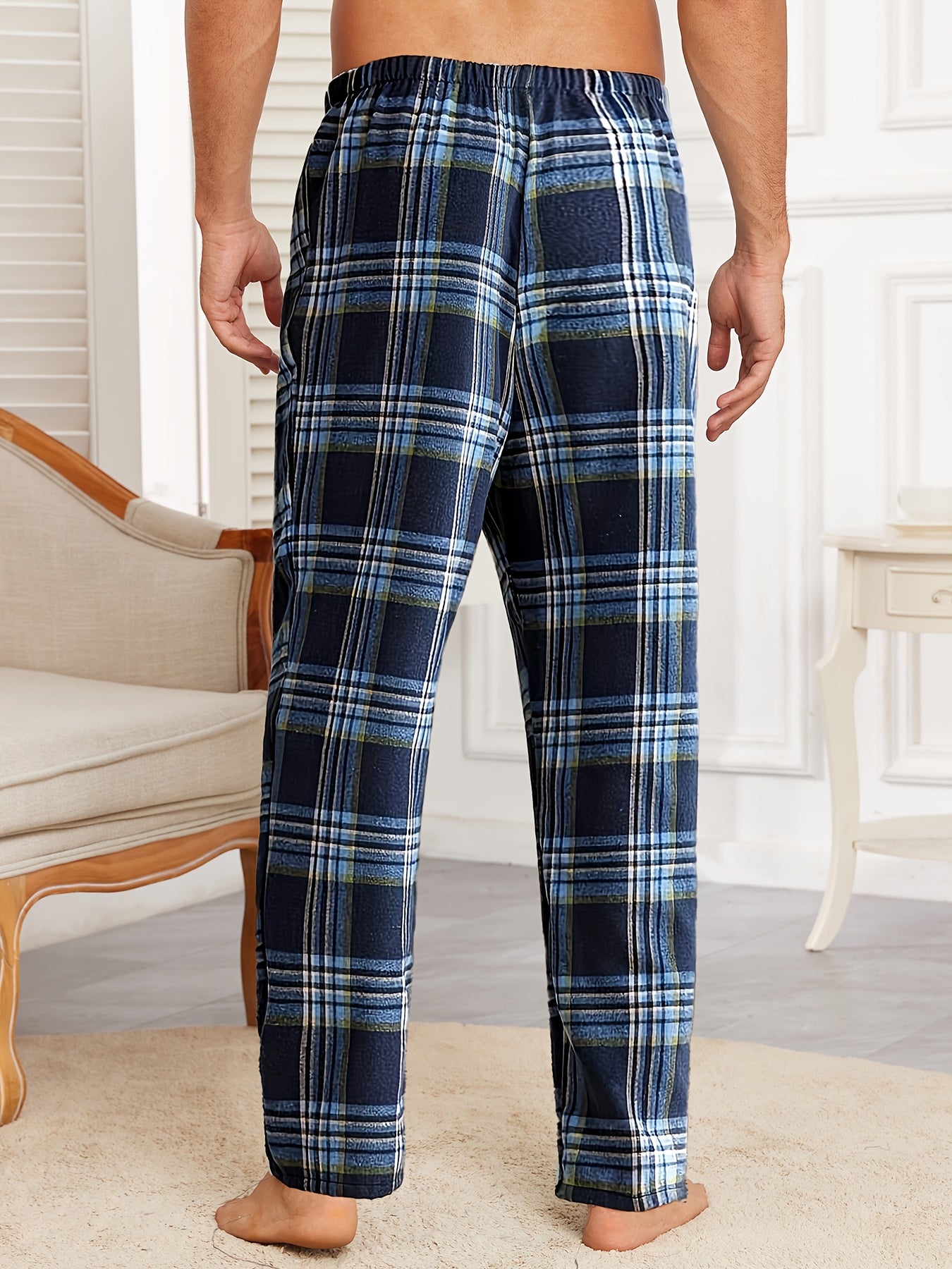 Men's Cozy Plaid Lounge Pants for Fall/Winter - Polyester Blend, Elastic Waistband, Machine Washable, Blue and White Checkered Design, Sleepwear|Casual|Comfortable