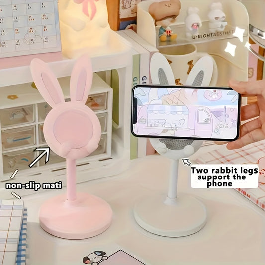 Rabbit phone holder stand with adjustable features, non-slip mat, and retractable design for selfies and live streaming.