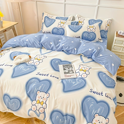 4PCS Cartoon Heart Bear Print Bedding Set - Includes Duvet Cover, Bed Sheet, and 2 Pillowcases - Machine Washable Polyester Fabric - Animal Theme - Year-round Use