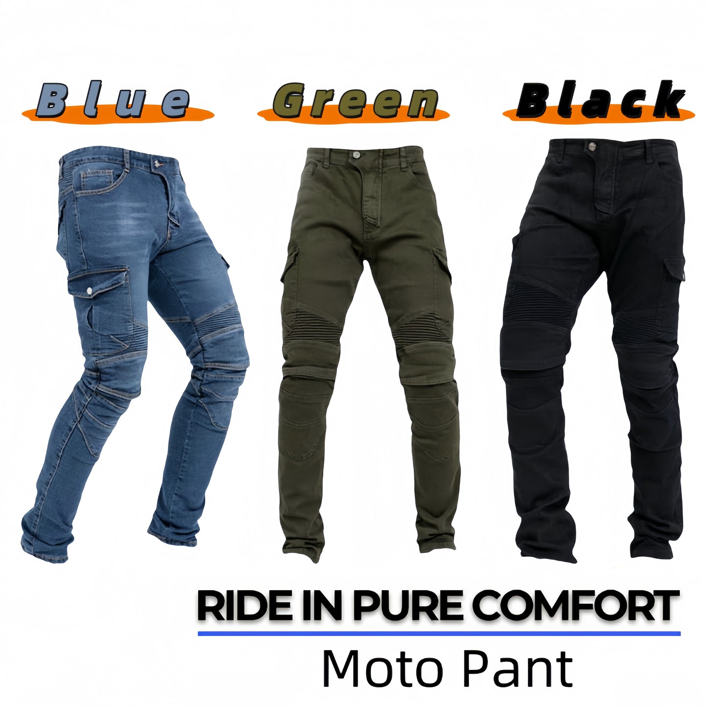 Men's motorcycle pants made of durable, breathable cotton blend with removable padding and multi-pocket design in blue, green, black. Perfect for riding and outdoor adventures.