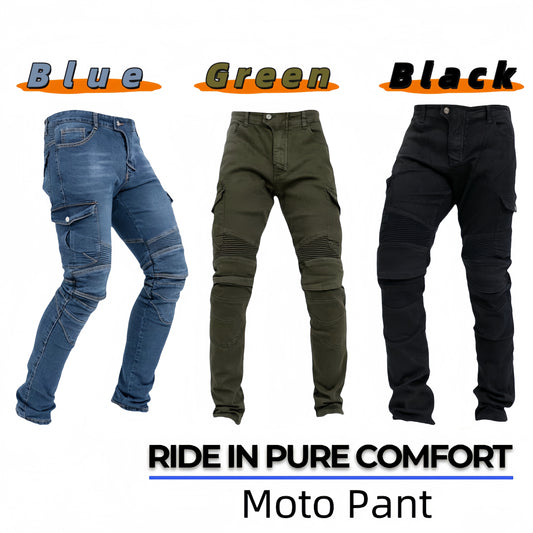 Men's motorcycle pants made of durable, breathable cotton blend with removable padding and multi-pocket design in blue, green, black. Perfect for riding and outdoor adventures.