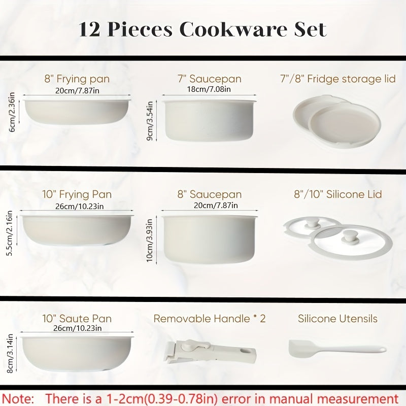 White Nonstick Cookware Set includes 12 pieces, suitable for induction cooking. Features detachable handle, oven-safe construction, and stackable design for convenient storage. Ideal for use in both home kitchens and RVs.