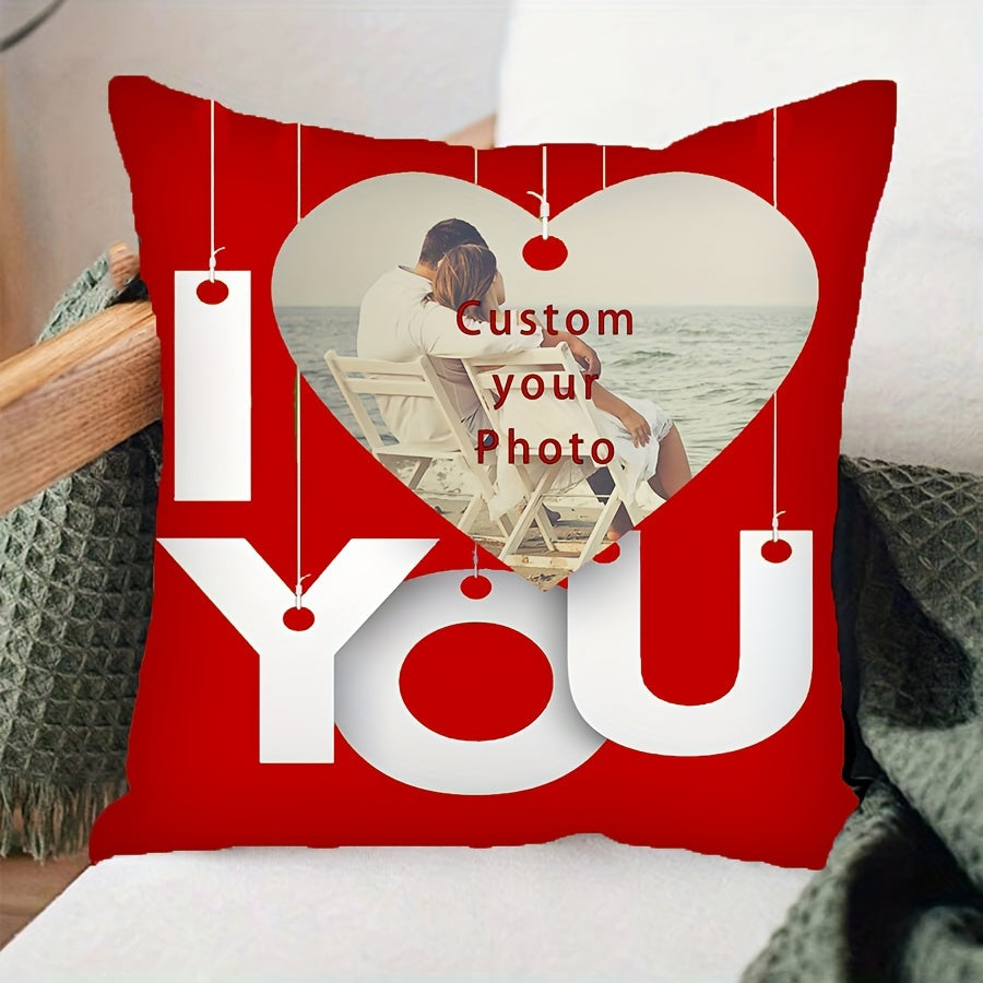 Personalized custom pillowcase cover featuring a short plush red heart background with single-sided printing. Dimensions: 45cm x 45cm (18in x 18in). Message on cover reads "Love You." Pillow core not included.