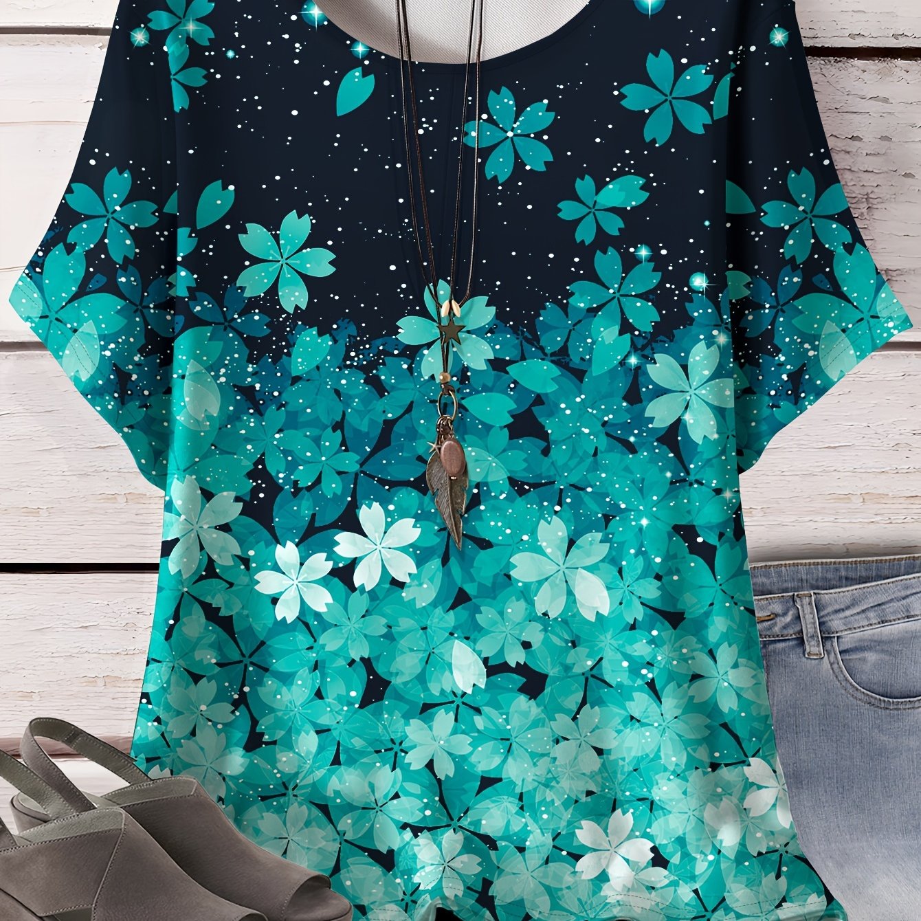 Floral Print Plus Size T-Shirt for Spring & Summer, Women's Casual Top