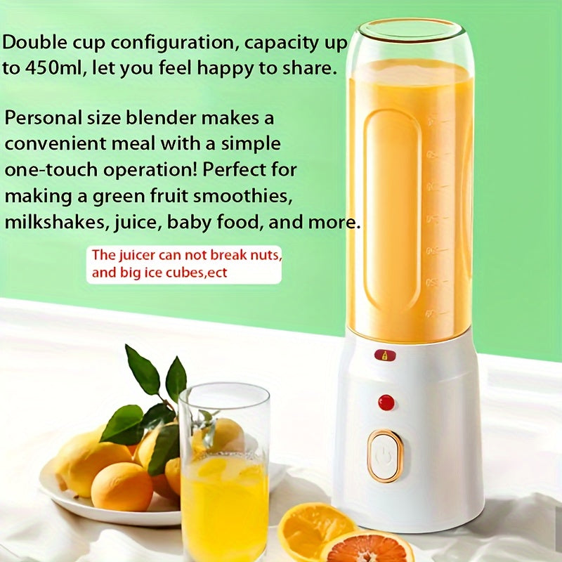 Compact and portable electric citrus juicer cup featuring a multi-function USB rechargeable blender with dual detachable cups. With a capacity of under 1L, this round-shaped juicer is equipped with a 1500mAh lithium battery, making it perfect for home