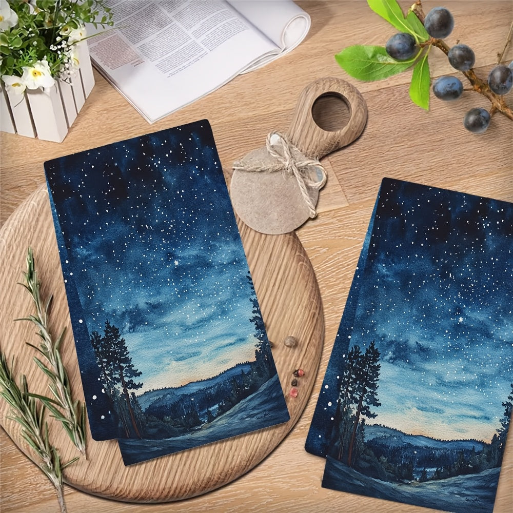 Set of 2 Ultra Plush Kitchen Towels with Starry Night Sky Design, Exceptionally Absorbent & Easy to Clean Dish Hand Towels, Size 40.64x60.96 cm - Ideal for Festive Decor and Drying Dishes