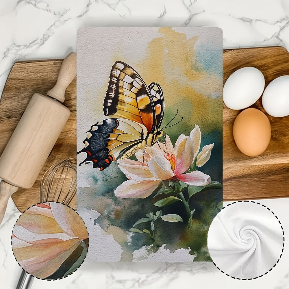 Set of 2 Ultra Soft Kitchen Towels featuring a Delicate Butterfly on Flower Design. These towels are Highly Absorbent, Machine Washable Dish Hand Towels perfect for Contemporary Coastal Decor. Size: 40.64x60.96 cm