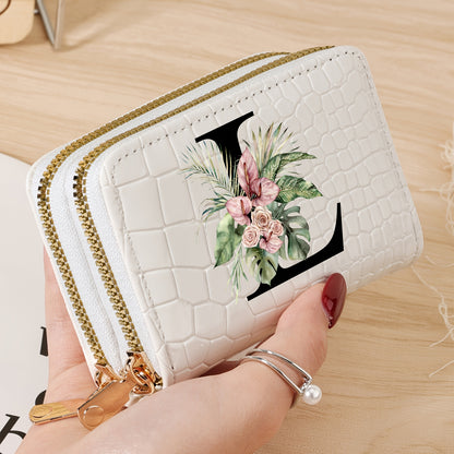 Women's credit card wallet with elegant floral letter print in black & white. Features large capacity, dual zipper, crocodile texture PU, lightweight design with nylon lining for everyday