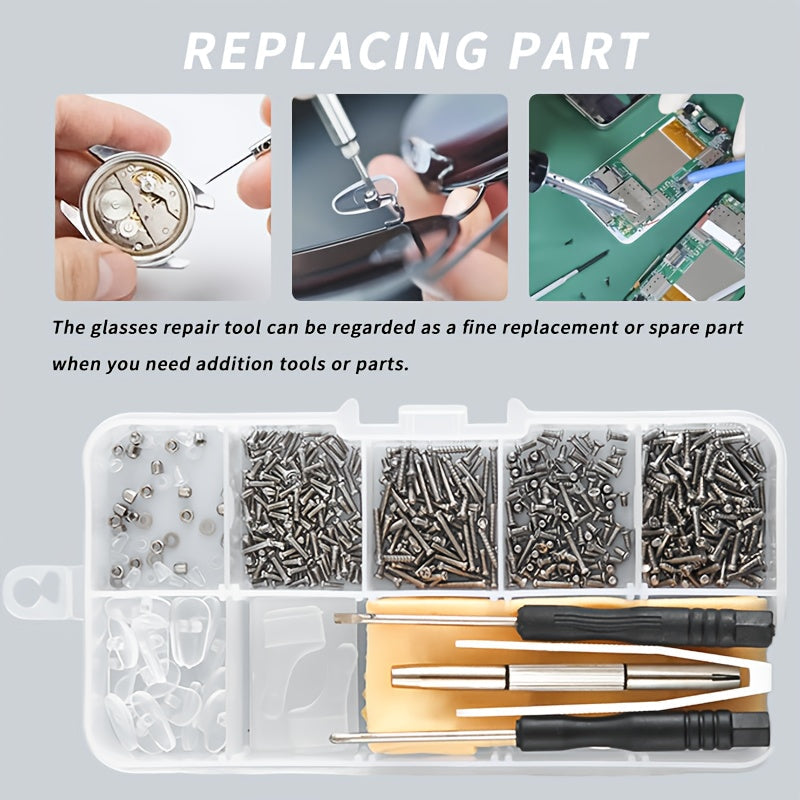 XIYA brand Glasses Repair Kit includes 500 pieces of screws, screwdrivers, tweezers, mirror cloth, and anti-slip sleeve. Perfect for fixing eyeglasses, glasses, and watches. Made of durable plastic material.