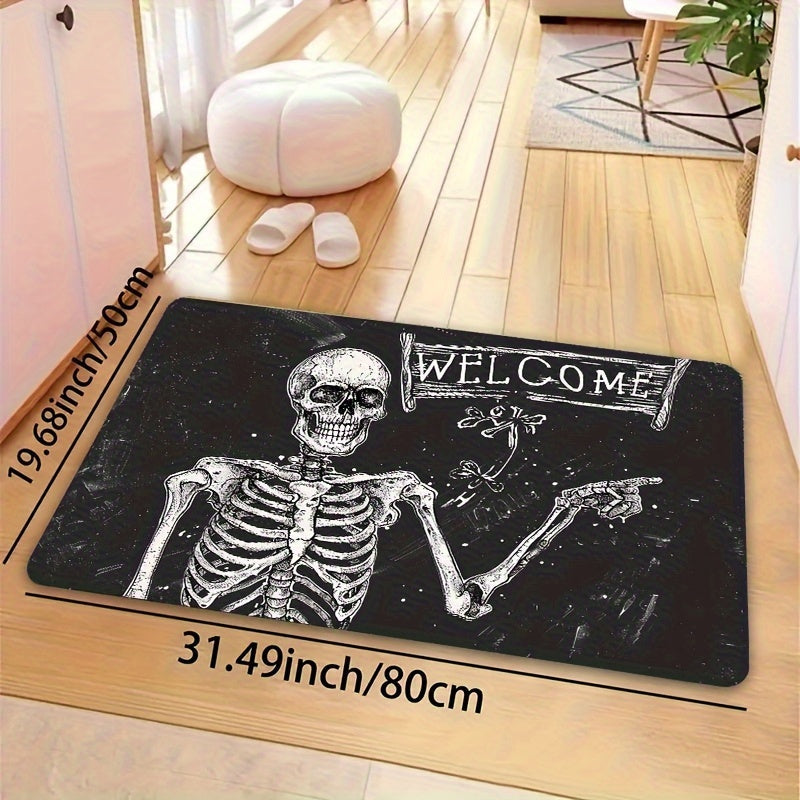 Skeleton Welcome Doormat - Machine Washable Polyester Flannel Indoor Mat with PVC Backing, Rectangle Textile Mat for Laundry, Bathroom, Kitchen, Living Room, Bedroom Entrance Decoration - Area Mat that is Washable