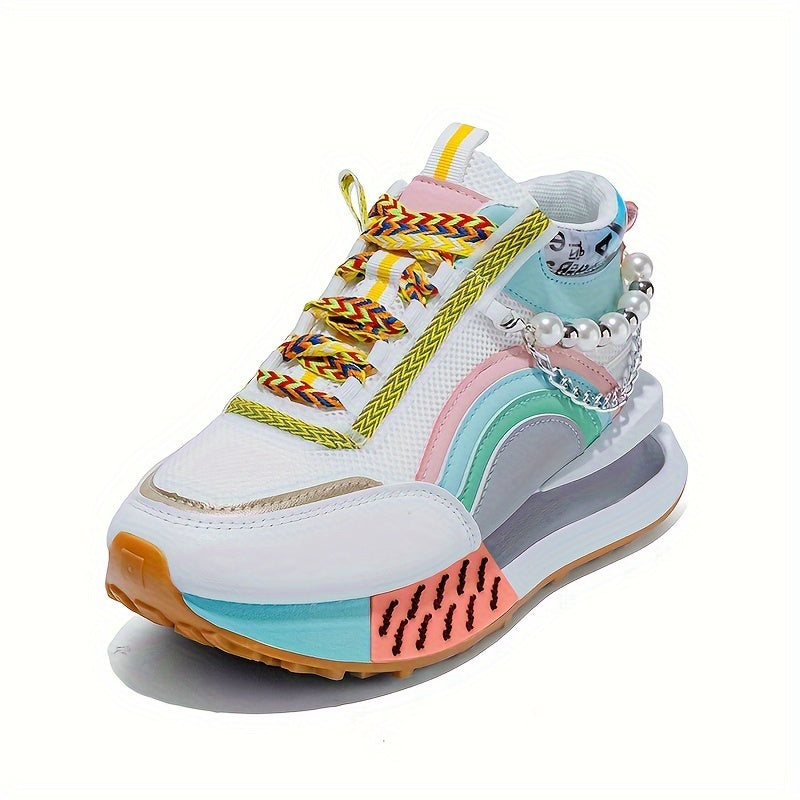 Women's fashion sneakers with sparkling bead chain, breathable mesh, lace-up design for all seasons.