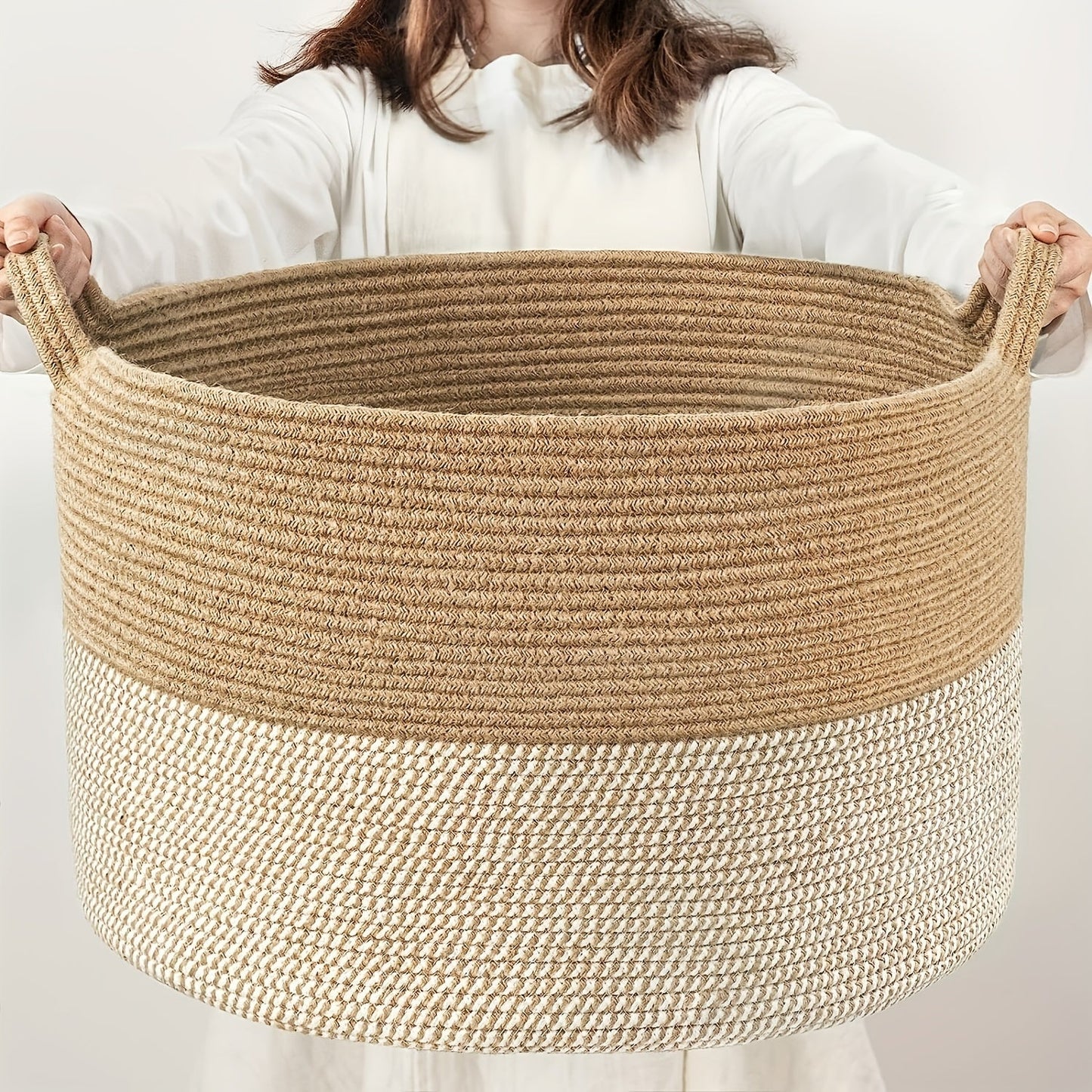 Large XXXLarge Rope Woven Basket, Measures 50.8cm x 50.8cm x 34.04cm. Ideal for Laundry, Blanket Storage in Living Room & Bedroom. Features Toy Organizer Basket with Handle. Perfect for Storing Comforter Cushions, Laundry Hamper Storage, and Home