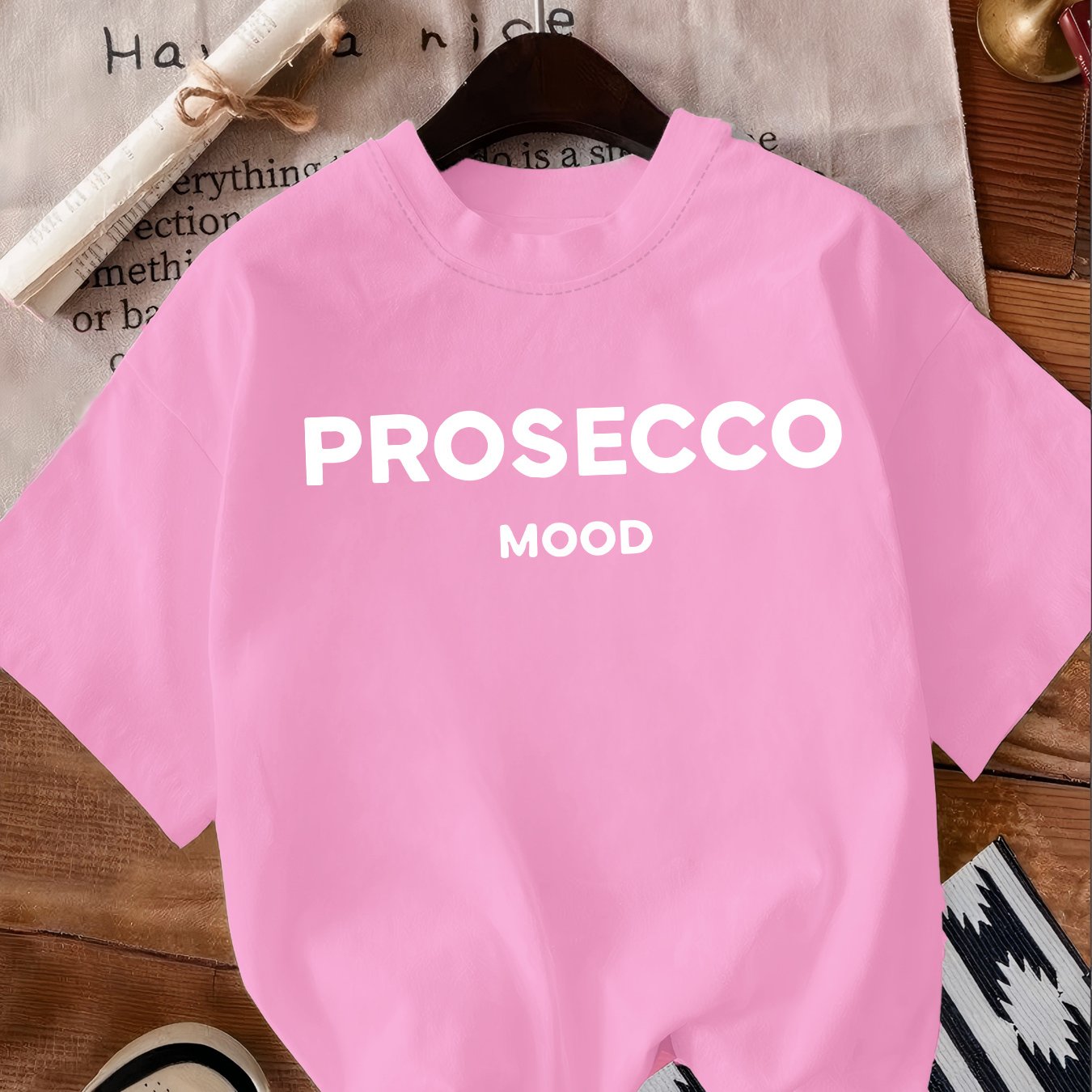 PROSECCO MOOD Women's Crew Neck T-shirt, Polyester, Alphabet Pattern, Regular Length, Casual Style, All Season