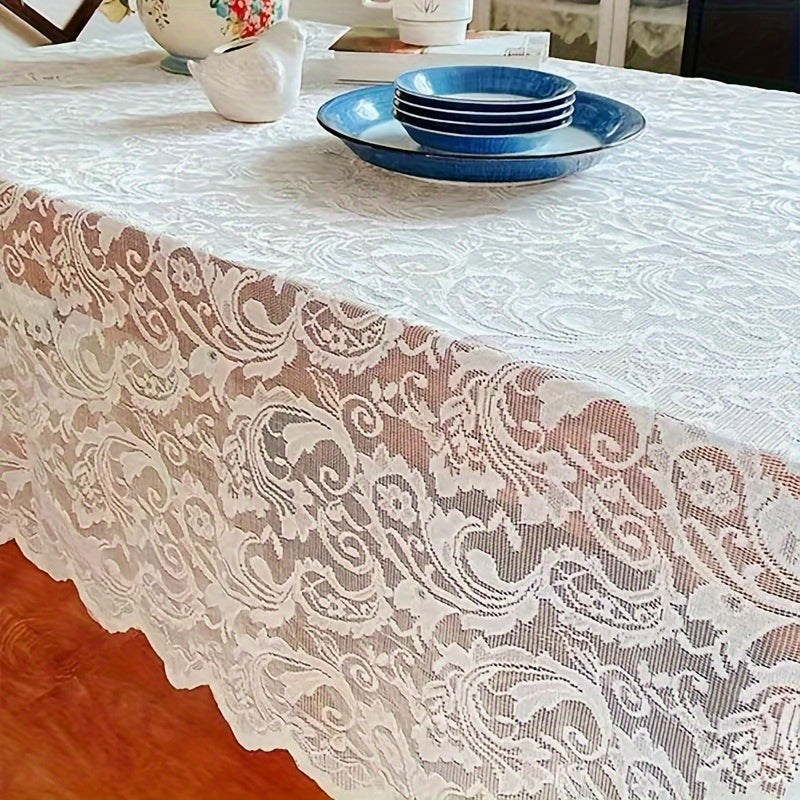 French Paisley lace tablecloth and rectangular polyester table runner for dining and coffee tables. Washable, easy to clean home decor for Christmas. Machine-woven with a solid pattern in a square shape.