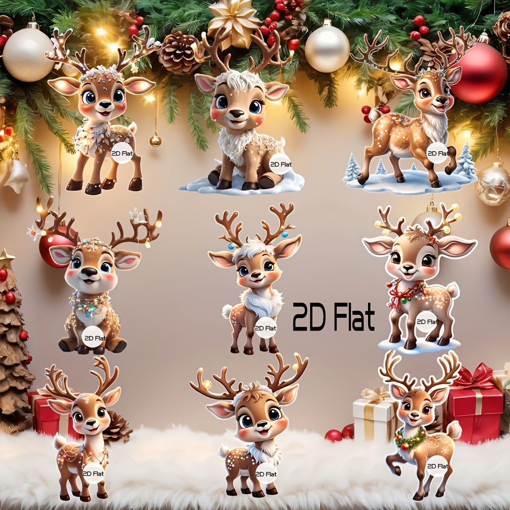 9 cute acrylic hanging ornaments featuring 2D reindeer with lights, ideal for Christmas tree, Halloween, car interiors, and collectible decorations.