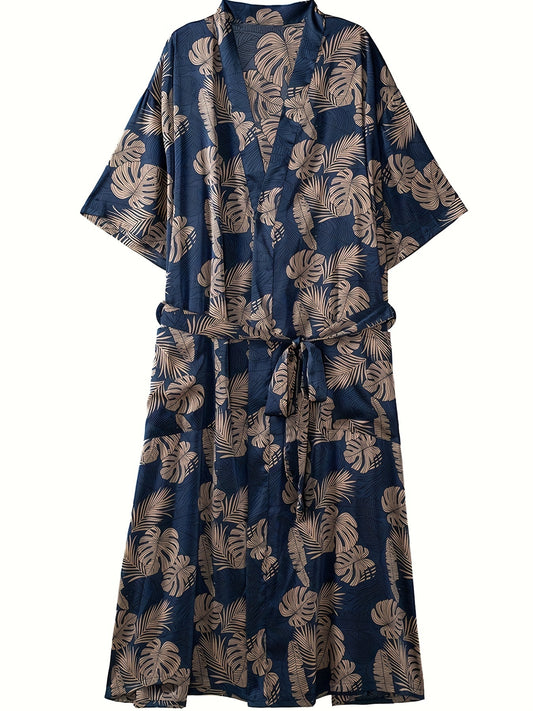 Men's trendy leaf print V-neck open front summer sleep robe, plus size, loose fit, comfortable and breathable.