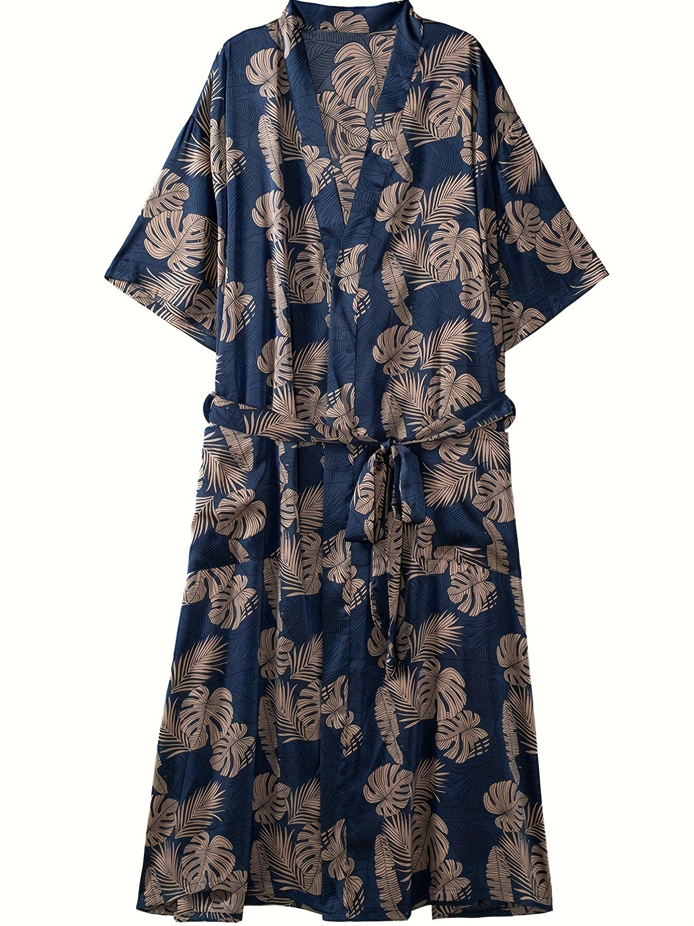 Men's trendy leaf print V-neck open front summer sleep robe, plus size, loose fit, comfortable and breathable.