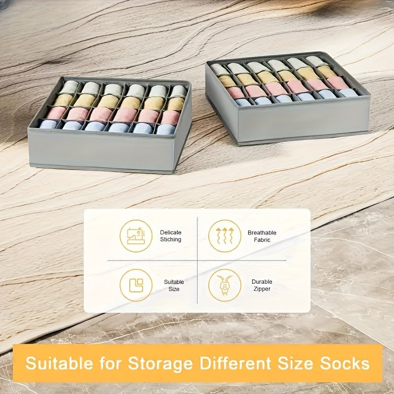 Organize your socks and underwear with ease using this Foldable Organizer Box, featuring 24 compartments for socks, bras, ties, and more. Made of breathable material with a durable zipper, this multi-functional storage box is perfect for the bedroom