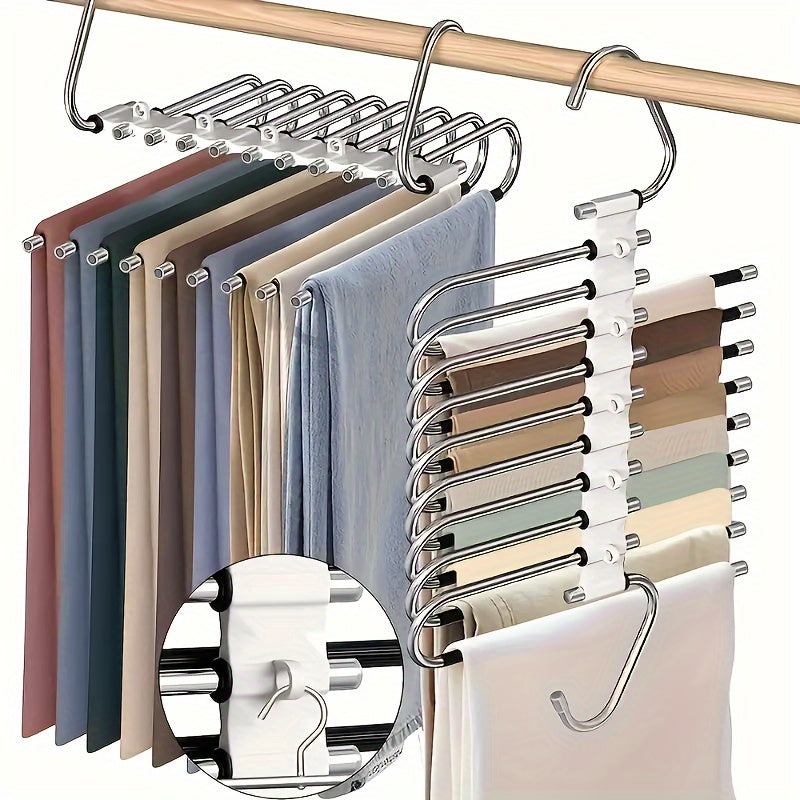 9-tier space-saving pants hanger with anti-slip coating, 5 extra hooks, stainless steel closet organizer for leggings, jeans, and trousers, maximizes wardrobe storage.