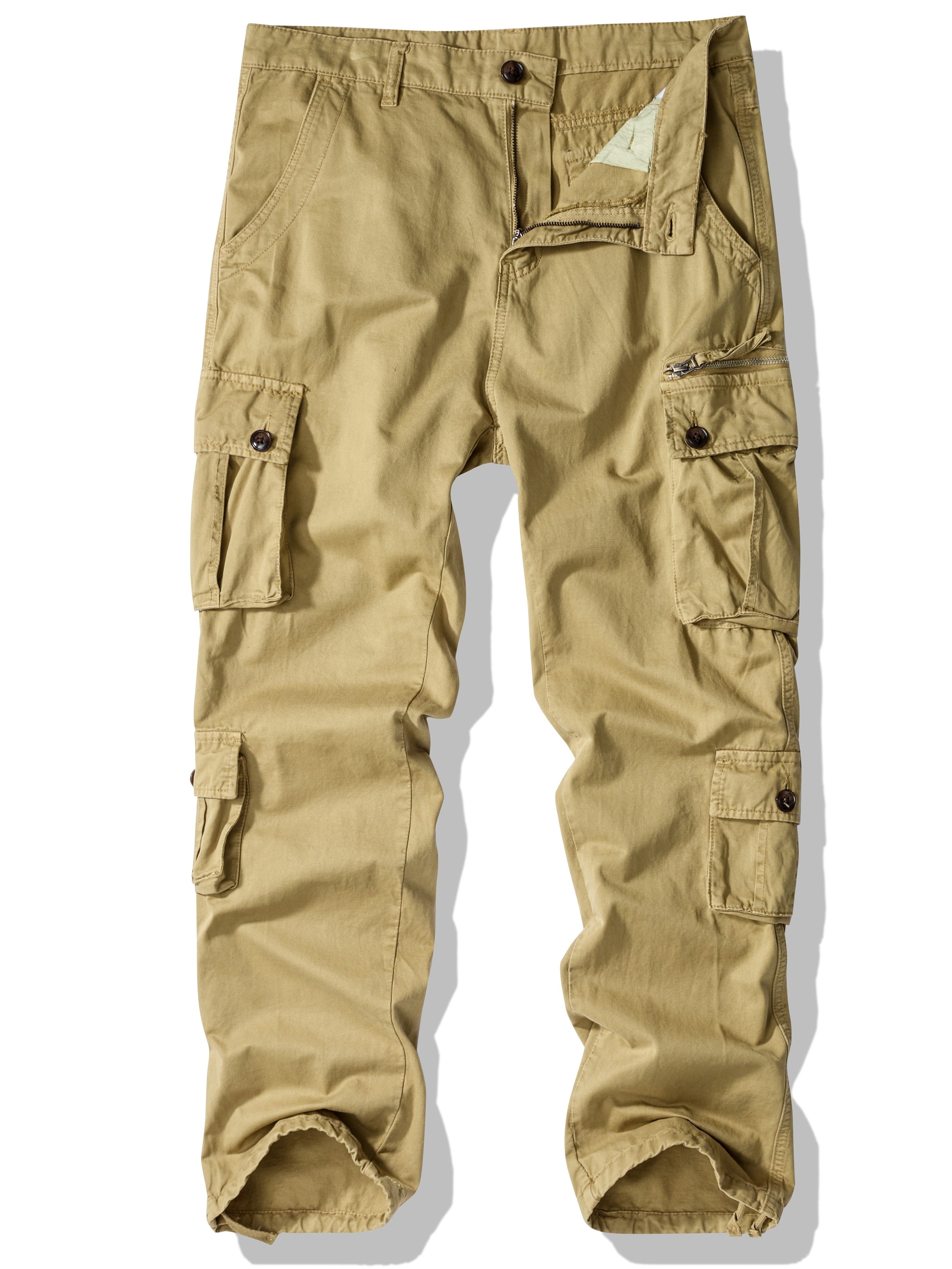 Men's plus size cargo pants in solid color, loose fit, made of washed cotton for all-season wear. Features 8 pockets and a street style design.