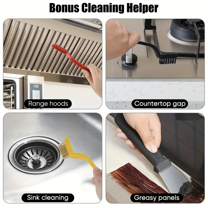 Set of 5/7 pieces, includes various tools for cleaning the kitchen. This set includes a cleaning shovel, defrosting shovel, power wire brush, scrub brush, gas stove range hood pot sink cleaning tool, and heavy oil stains removal brush shovel. Get all the