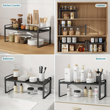 The 2-Tier Expandable Black Metal Cabinet Organizer Riser is a heavy-duty, non-slip storage shelf designed for use in the kitchen pantry, under sink, or on countertops. This stackable organizer is space-saving and features an open storage design, making