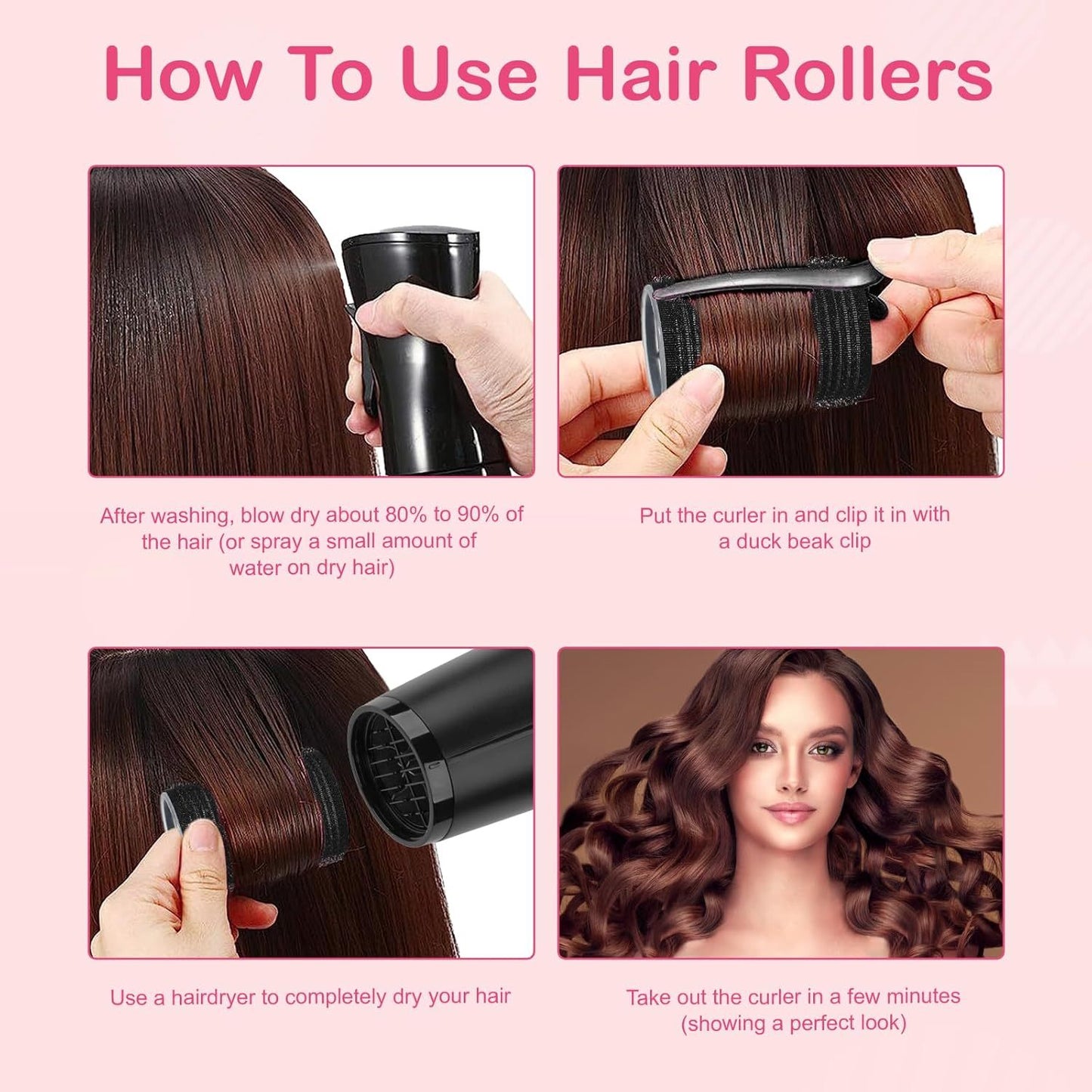 24 self-grip hair rollers with comb and hairpins for creating waves and curls on medium to short hair, in black color. Suitable for unisex adult hair styling.