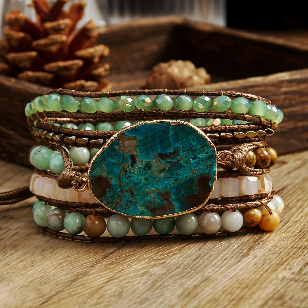 Wrap yourself in Bohemian vacation vibes with this natural stone wrap bracelet. Featuring multiple layers of beaded woven cord, this accessory is perfect for summer days and special gift occasions. Embrace the Thanksgiving holiday theme with this piece