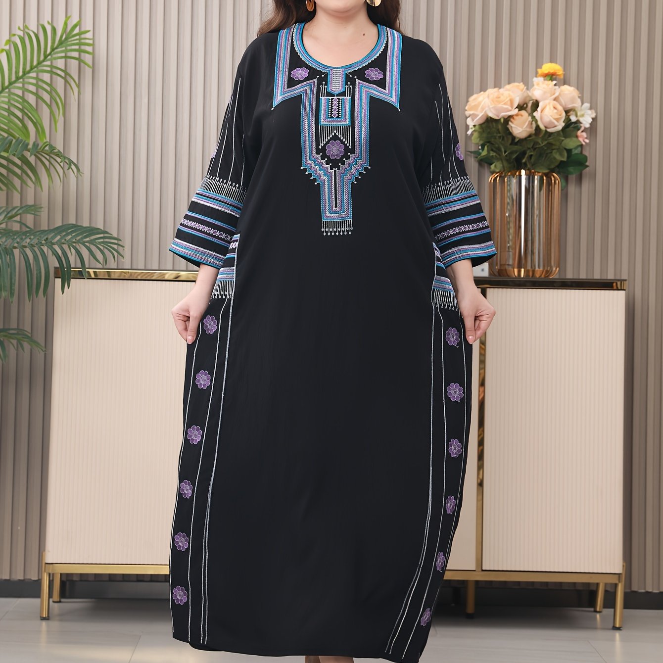 Embroidered kaftan dress in tribal pattern, loose fit, suitable for all seasons, made from polyester blend with rayon and spandex, has three quarter length sleeves and non-stretch woven