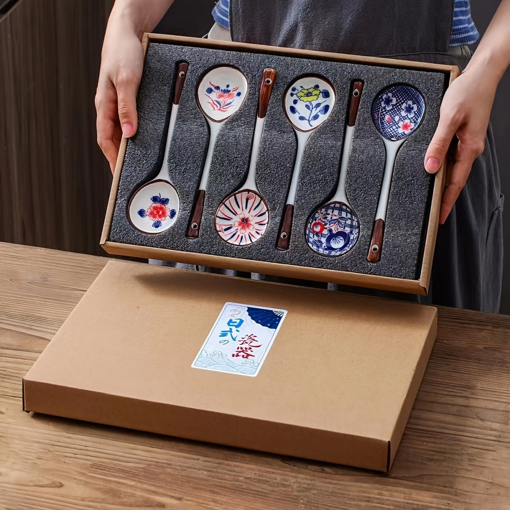 Gift box set with 4/6 creative ceramic dessert spoons, perfect for new year tableware or as a gift for friends.