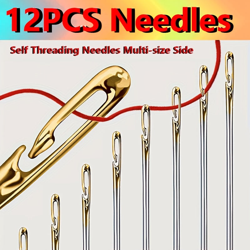 12 stainless steel sewing needles with side holes for easy threading. Ideal for elderly users and DIY projects. Suitable for sewing and crafting.