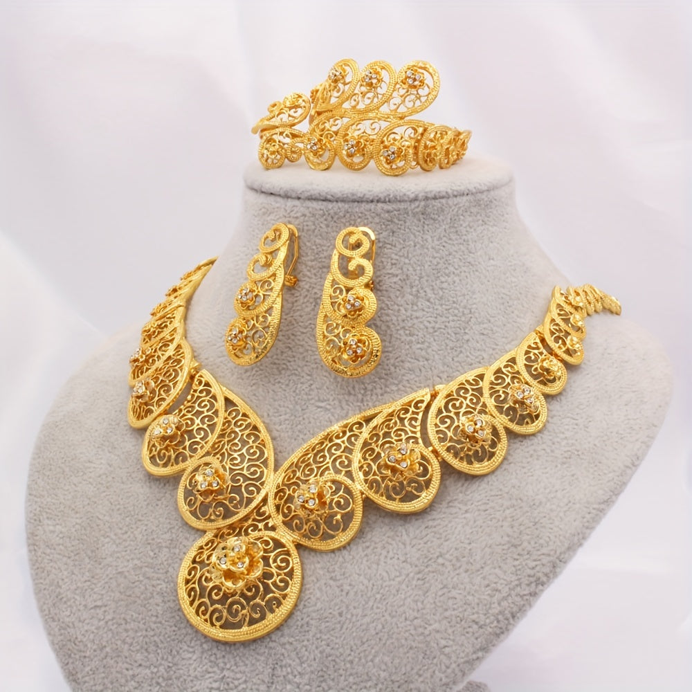 Luxurious 4-piece JIAMILA Tribal Style Jewelry Set crafted with Gold-Plated Zinc Alloy and adorned with Rhinestones. This set includes a Necklace, Bracelet, Ring, and Earrings designed for Women, ideal for both daily wear and special festival