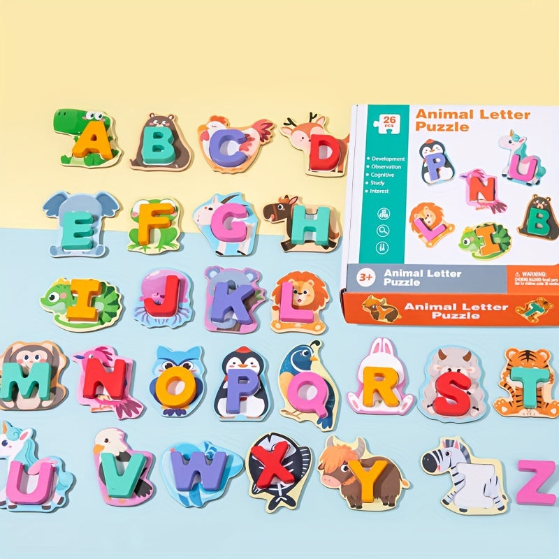 Wooden 26 letter puzzle set for early childhood cognitive recognition. Perfect gift for 4-6 year olds.