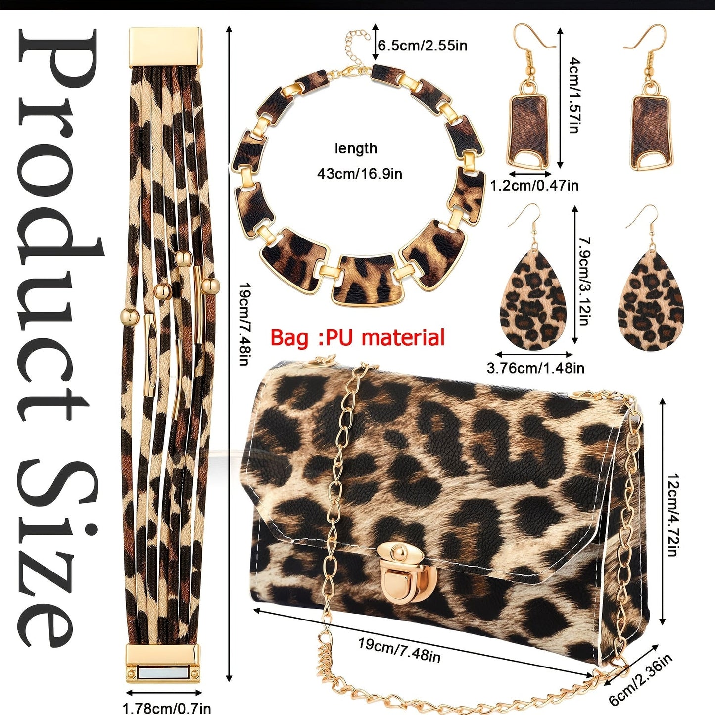 Set of 5 Leopard Print Jewelry Pieces for Women - Stylish Plastic Accessories with Tassel Necklace, Earrings, Bracelet, Clutch Purse - Perfect for Everyday and Travel Outfits