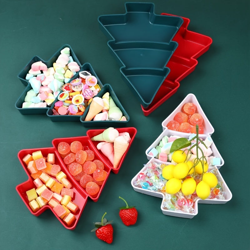 Christmas tree-shaped plastic tray for snacks, candy, fruit, and nuts. Perfect for parties, tea time, and gatherings. Ideal for office gift packaging. Made of durable plastic.