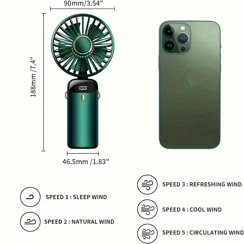 Cop Rose's Portable Mini Fan features 5-Speed Settings and an LED Display. It is USB Rechargeable with Touch Control and a Foldable Design, perfect for both indoor and outdoor use.