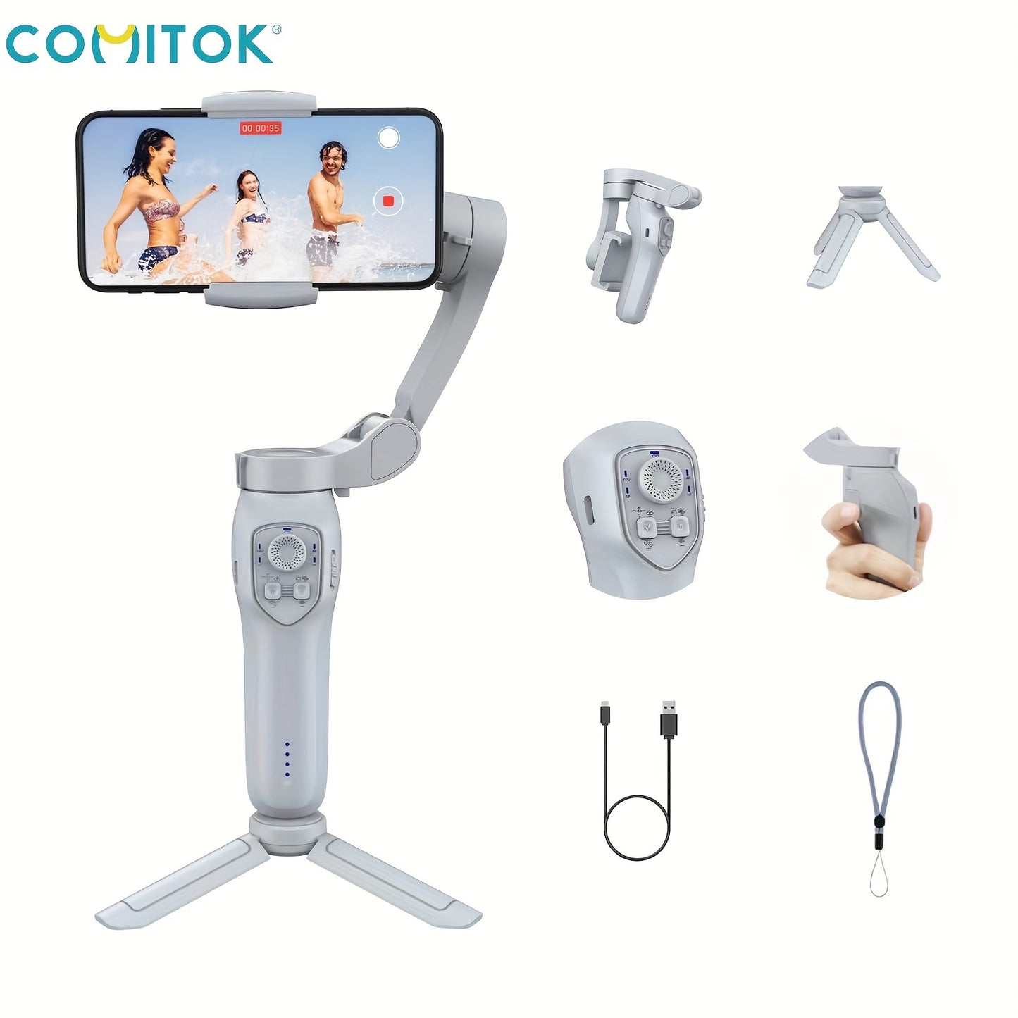 COMITOK L7Cpro Handheld Gimbal with Smart Gesture Control, USB Charging, 3-Axis Stabilizer, 2550mAh Battery, Polycarbonate Tripod & Monopod, AI Face-Tracking for Vlogging & Live Streaming.