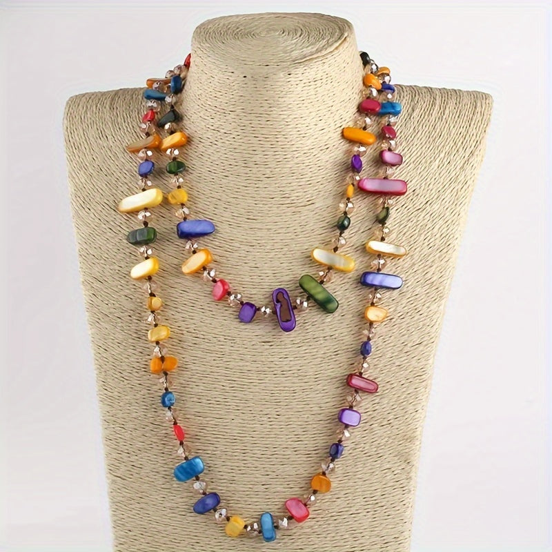 Long knotted necklace featuring rainbow crystal and shell beads - the ideal gift for women who love boho-chic, bohemian style.