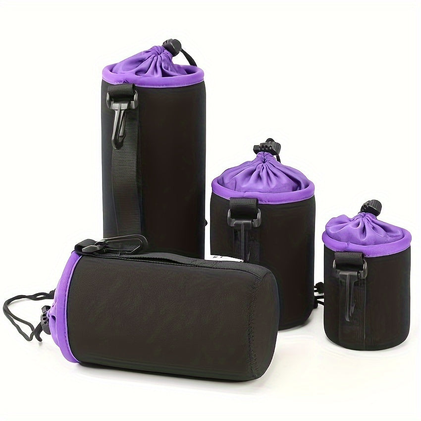 Set of waterproof camera lens bags, featuring a large SLR lens tube with a suede storage pocket. Constructed with durable synthetic fabric, this portable lens case includes a carrying strap for photography accessories.