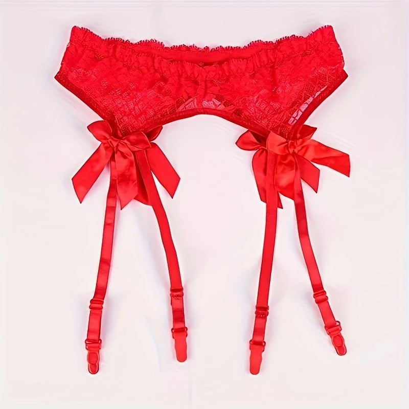 Stylish lace garter belts with clips and mesh suspenders for thigh-high stockings, featuring cute bow detail in solid colors.