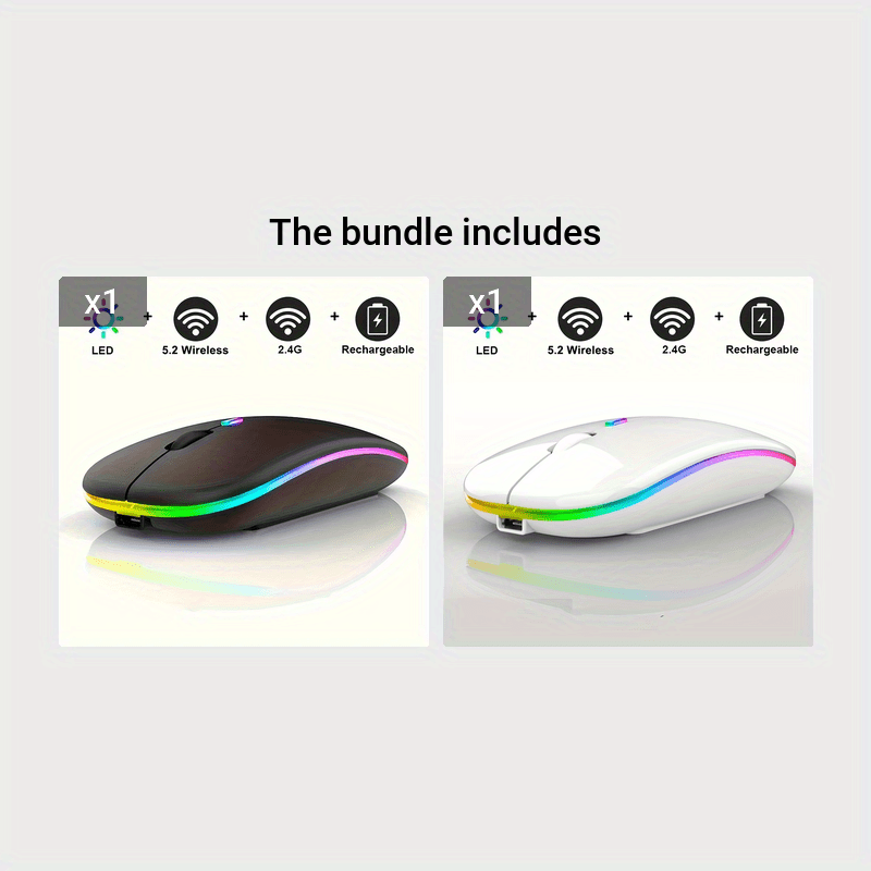 Rechargeable wireless gaming mouse with LED backlight, dual-mode 2.4G/5.2, slim design for laptops and desktops.