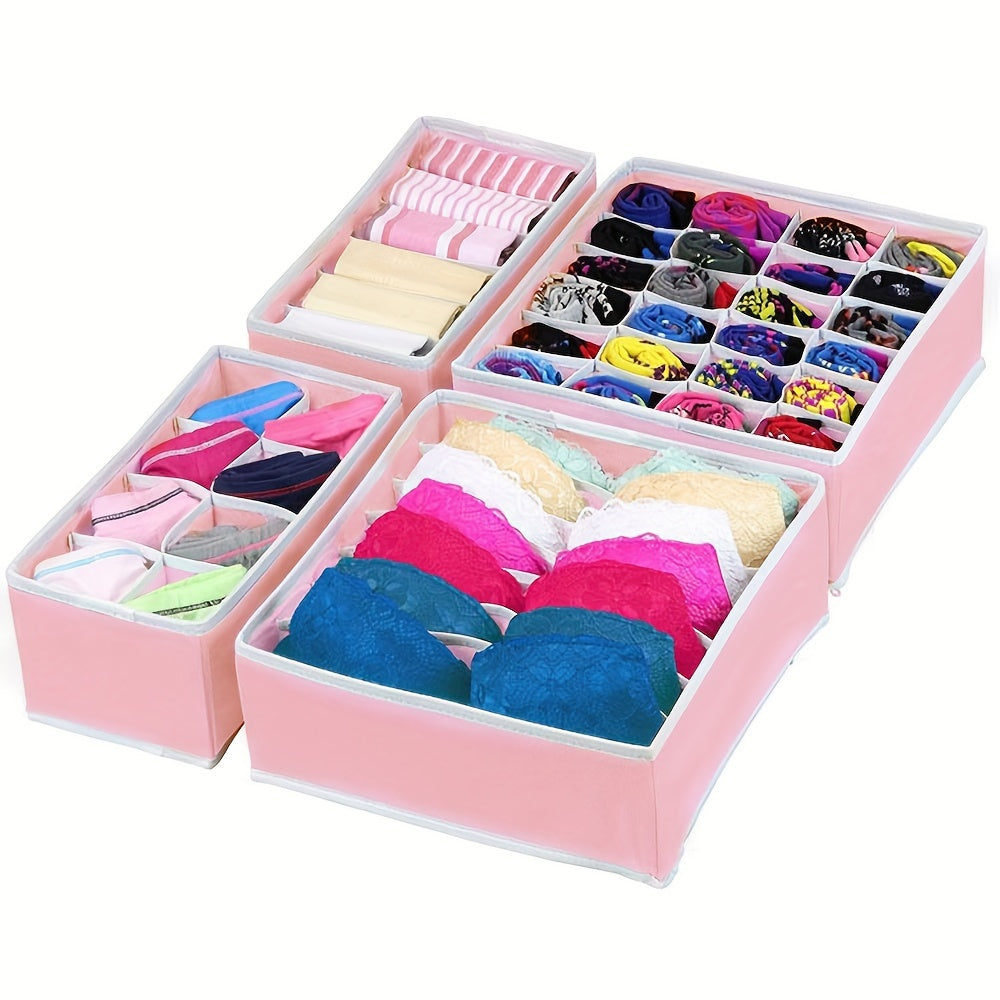 Set of 4 Foldable Fabric Drawer Dividers in Pink - Organize Socks, Underwear, Bras, Panties, and Scarves in Your Closet - Adjustable and Space-Saving Storage Solution for Home and Dorm - Versatile Organizer with Breathable Material for Clothes Storage