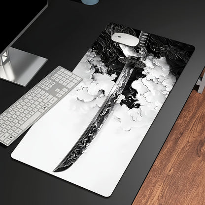 "Extra large Samurai sword gaming mouse pad, durable non-slip desk mat with precision stitched edges. Ideal for home office, gaming room, and study. Washable polyester fiber in black and