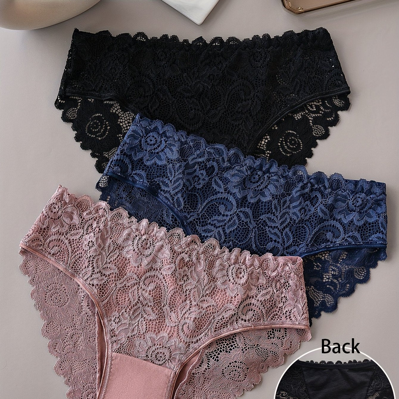 3 solid lace briefs, comfortable and breathable, perfect for women's lingerie and underwear.