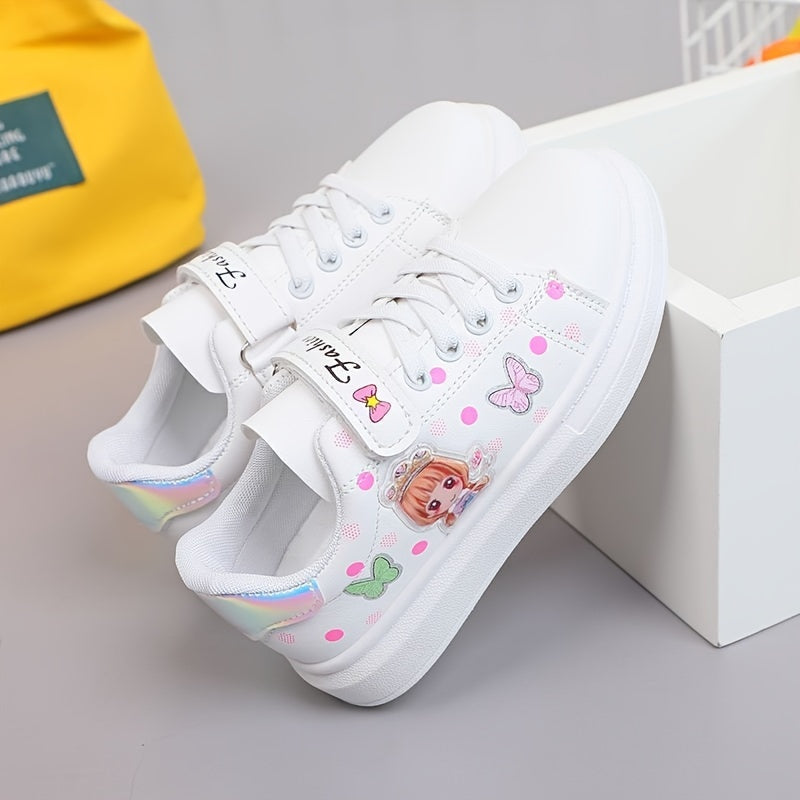 Stylish white sneakers with cute cartoon designs for girls, ideal for casual wear in spring and autumn.