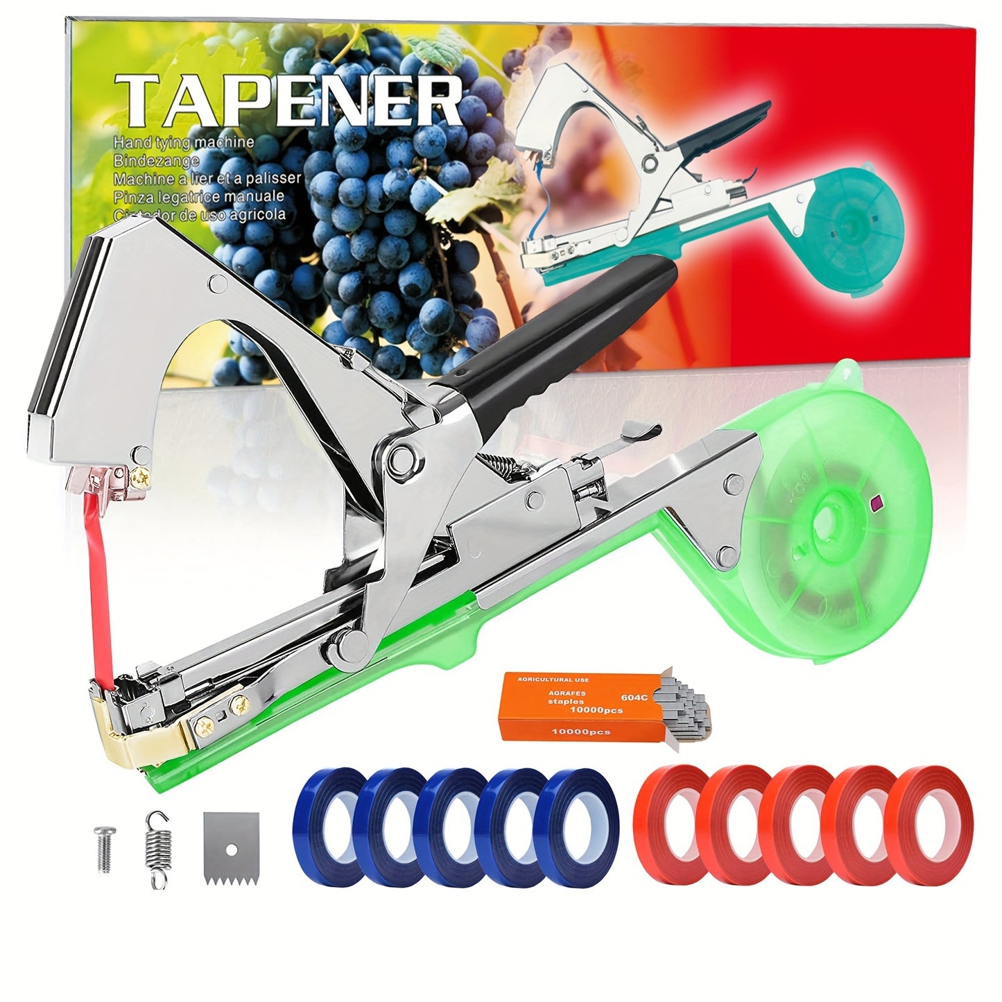 Plant tying machine for various plants like grapes, raspberries, tomatoes, vining vegetables, and flowers.